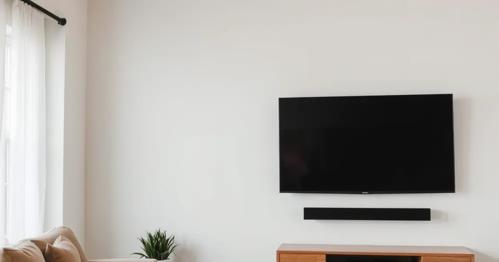 Televisão de tela plana desligada montada em parede branca de sala