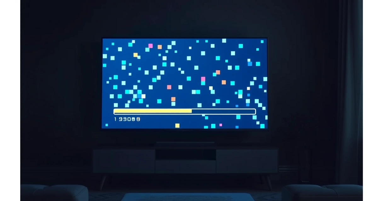 televisão com imagem congelada em blocos na sala escura