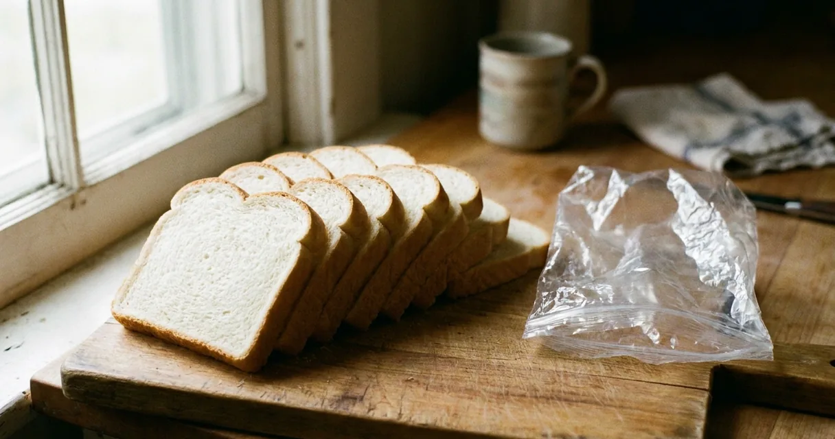 Fatias de pão de forma dispostas em leque sobre tábua de madeira, com a embalagem plástica ao lado