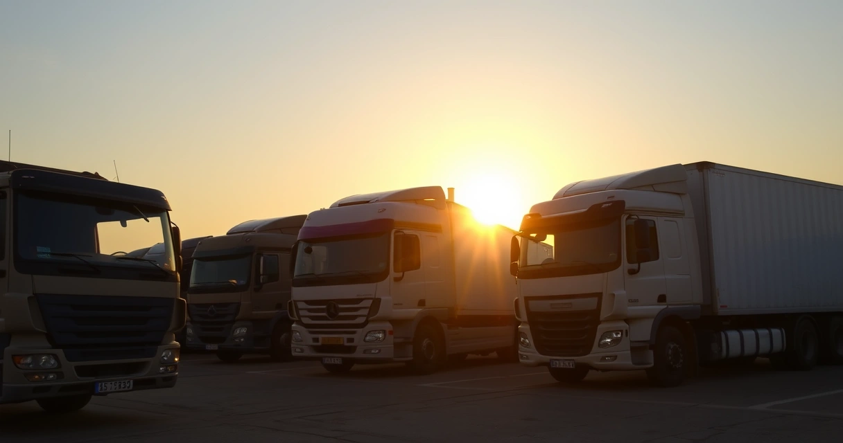 Caminhões estacionados em pátio de transportadora ao amanhecer